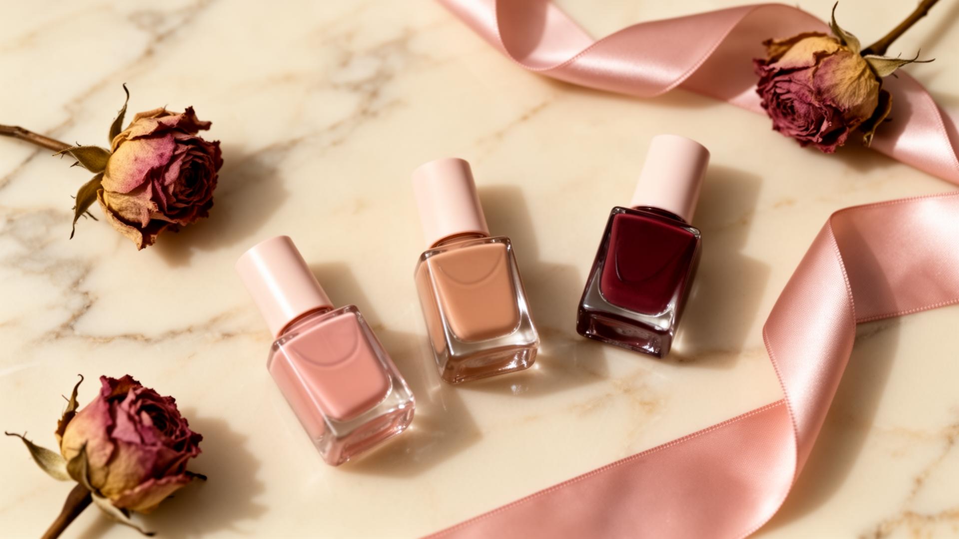 Nail polish bottles in blush and rosewood tones on a marble surface